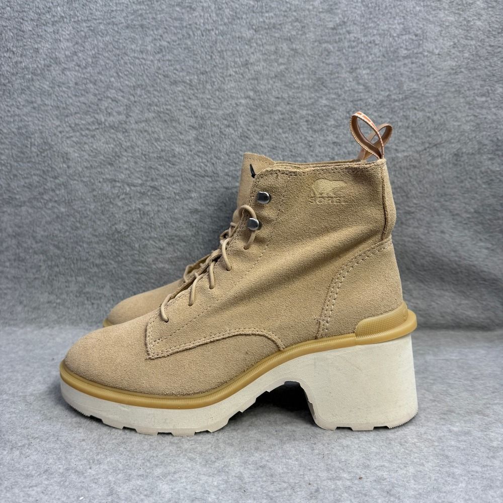Sorel Womens Beige Suede Waterproof Lace Up Block Heel Boots Size 8.5